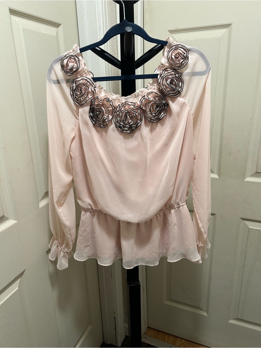 Adrianna Papell Blush Pink Chiffon 3D Fabric Rosette Appliqué Long Sleeve Blouse